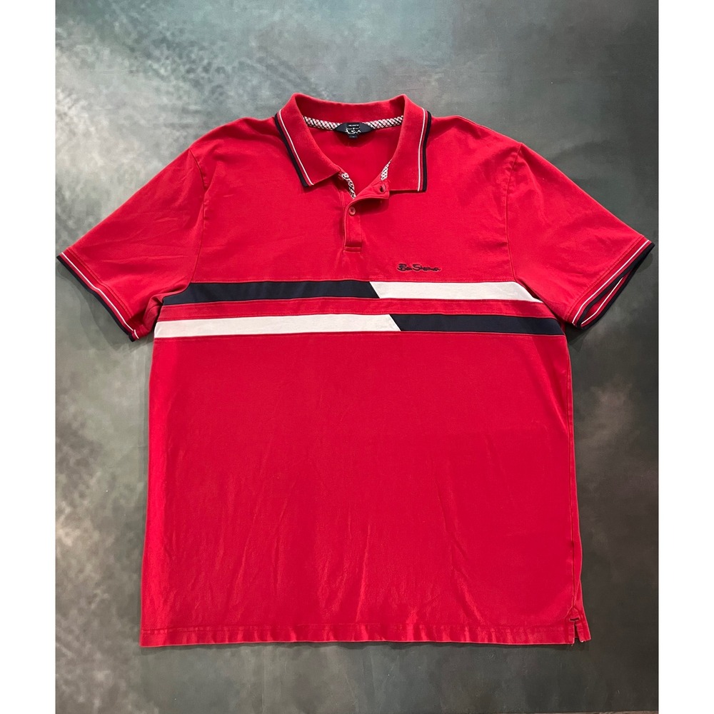 Ben Sherman Polo Shirt XL Red Navy White Stripe Preppy Golf Fourth of July‎